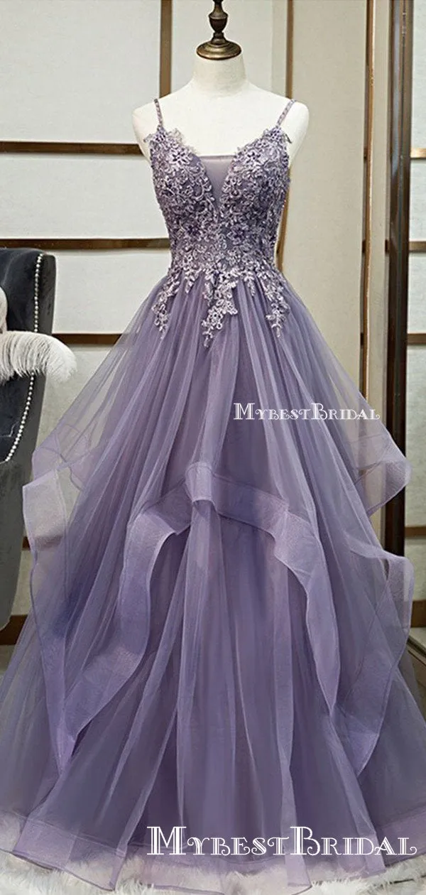 Elegant Spaghetti Strap Sleeveless Purple Tulle Top Lace Appliqued A-line Long Cheap Prom Dresses, PDS0035