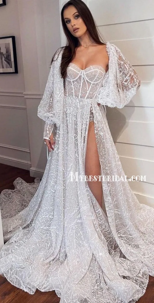 Elegant Sweetheart Side Slit Lace With Long Sleeve Wedding Dresses, WDY0266