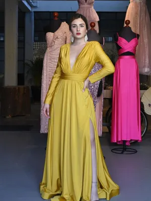 Elegant V-neck Long Sleeve A-line Side Slit Long Prom Dresses Online, PDS0201