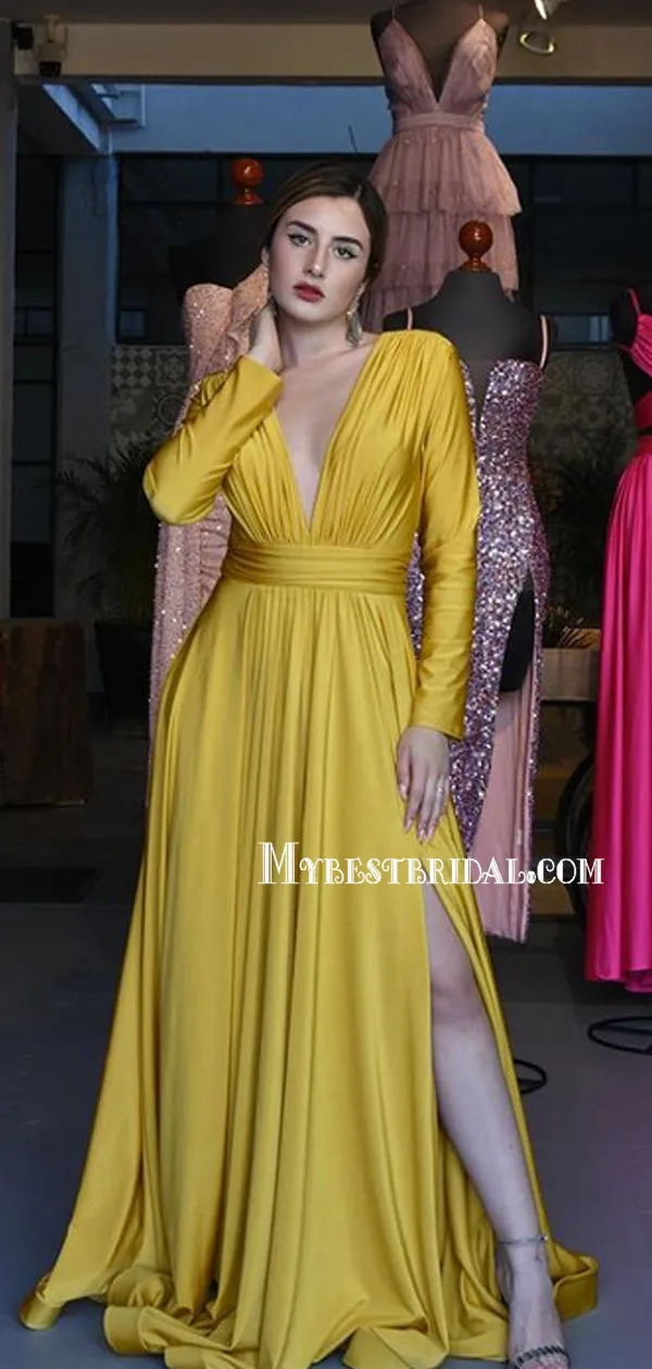 Elegant V-neck Long Sleeve A-line Side Slit Long Prom Dresses Online, PDS0201