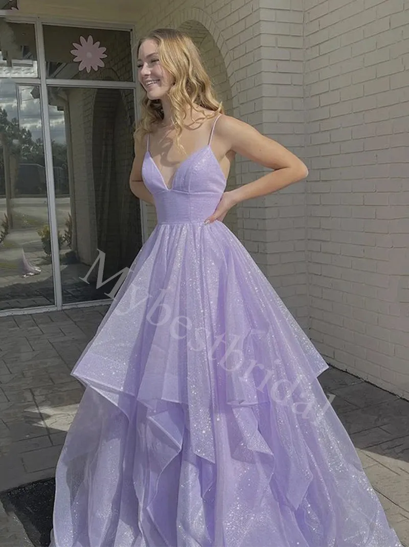 Elegant V-neck Spaghetti straps A-line Prom Dresses,PDS0841