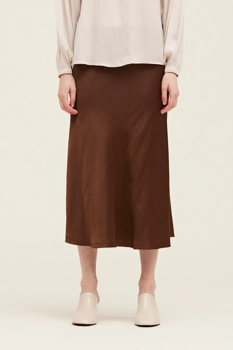 Evelyn Satin Bias Slip Midi Skirt - Cacao