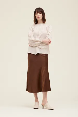 Evelyn Satin Bias Slip Midi Skirt - Cacao