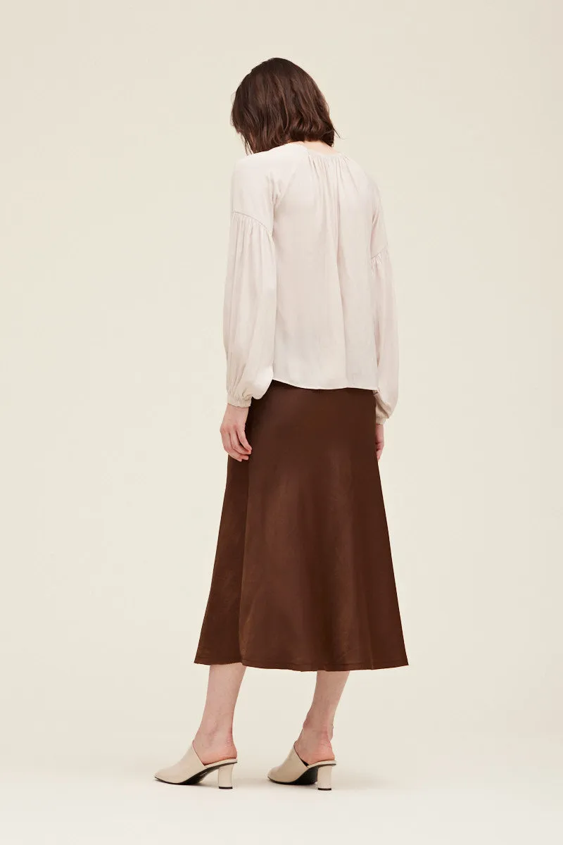 Evelyn Satin Bias Slip Midi Skirt - Cacao