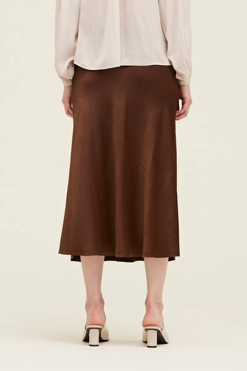 Evelyn Satin Bias Slip Midi Skirt - Cacao