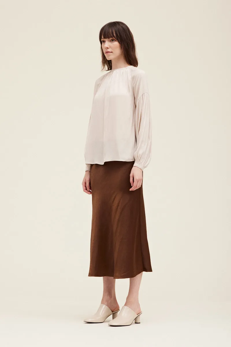 Evelyn Satin Bias Slip Midi Skirt - Cacao
