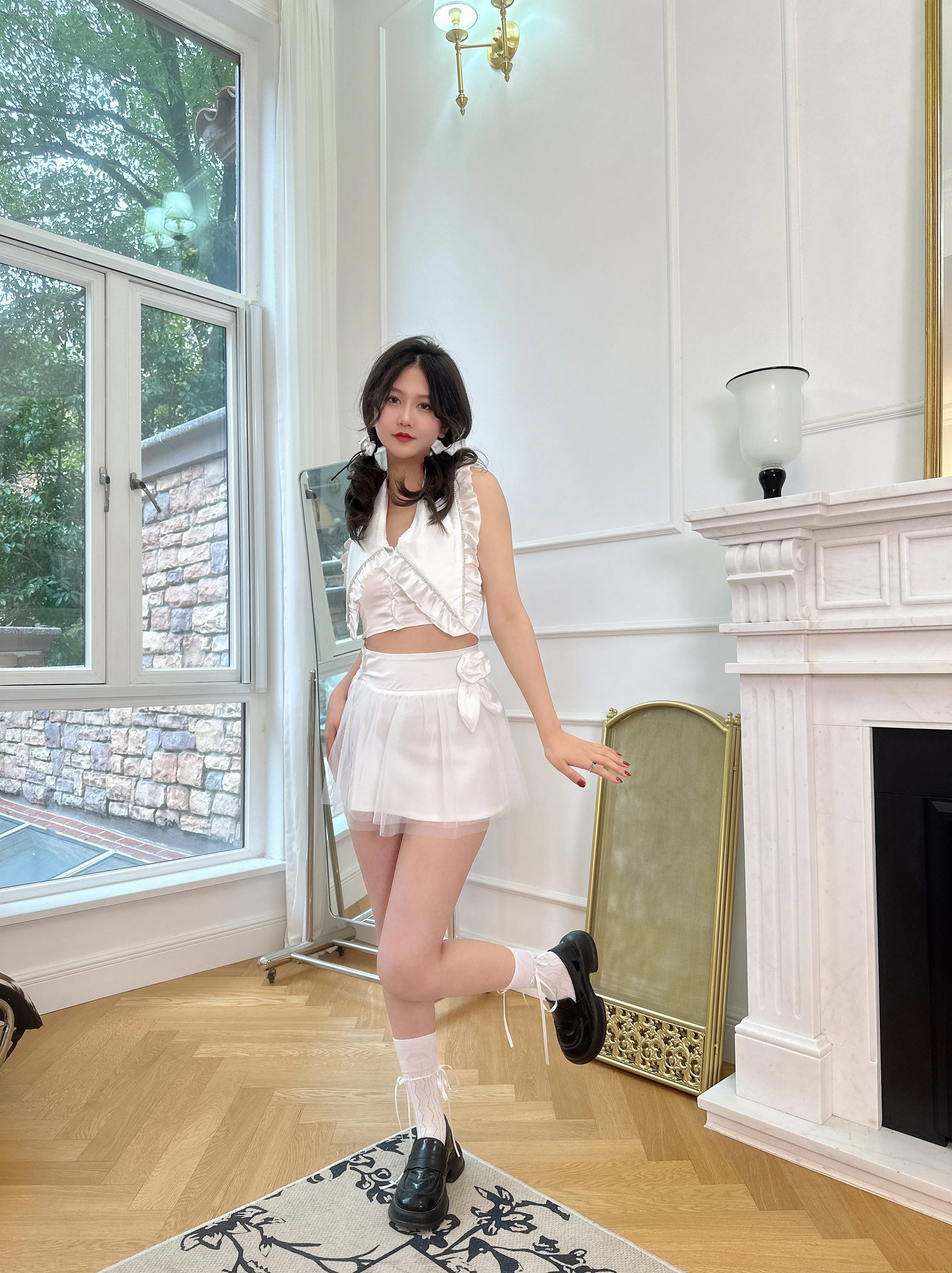 Fluffy White Mesh Preppy Skirt