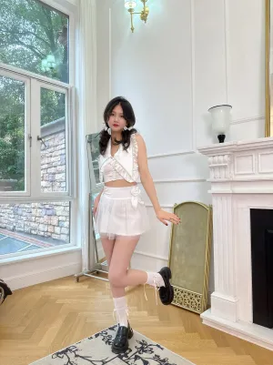 Fluffy White Mesh Preppy Skirt