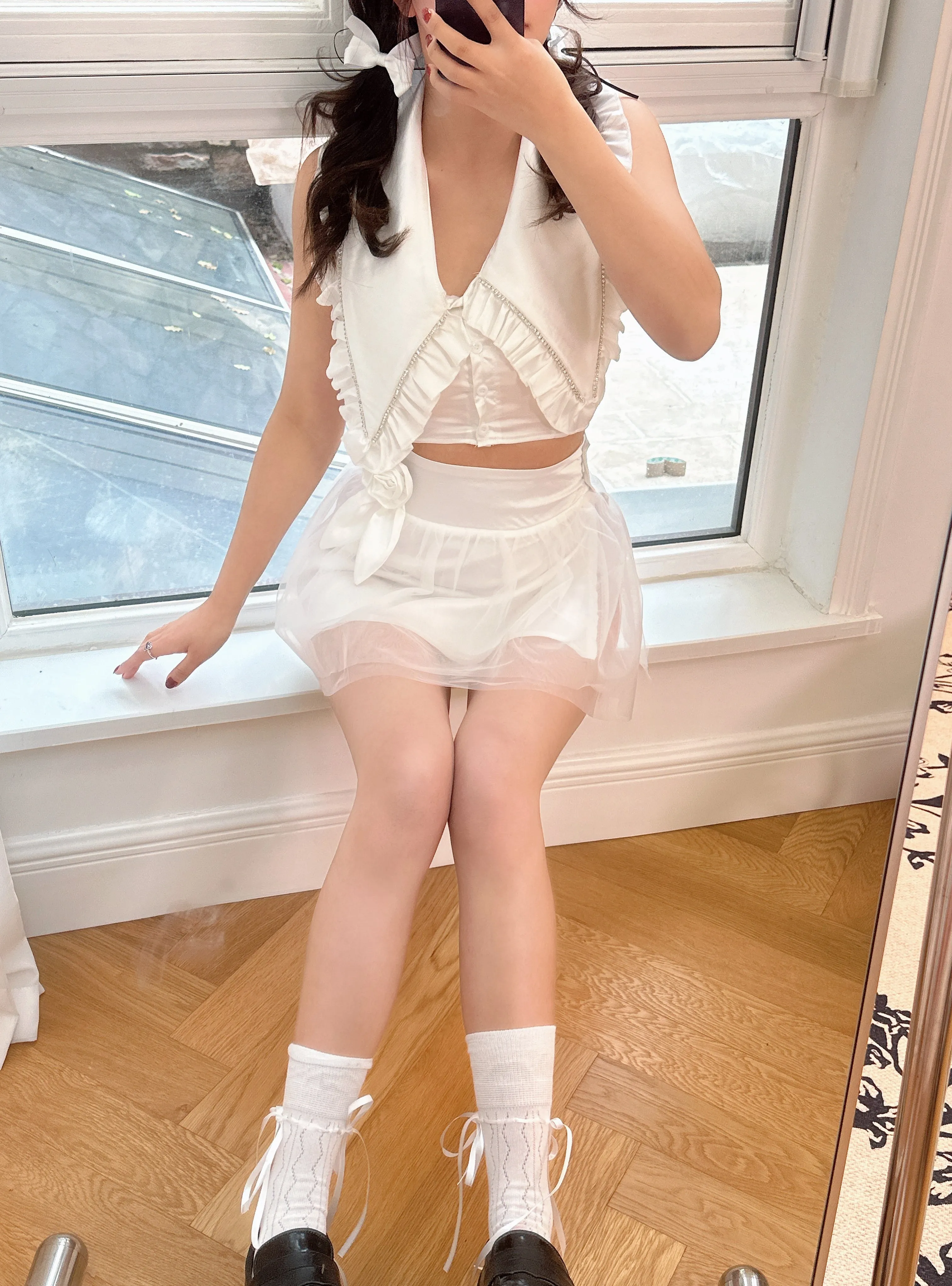Fluffy White Mesh Preppy Skirt