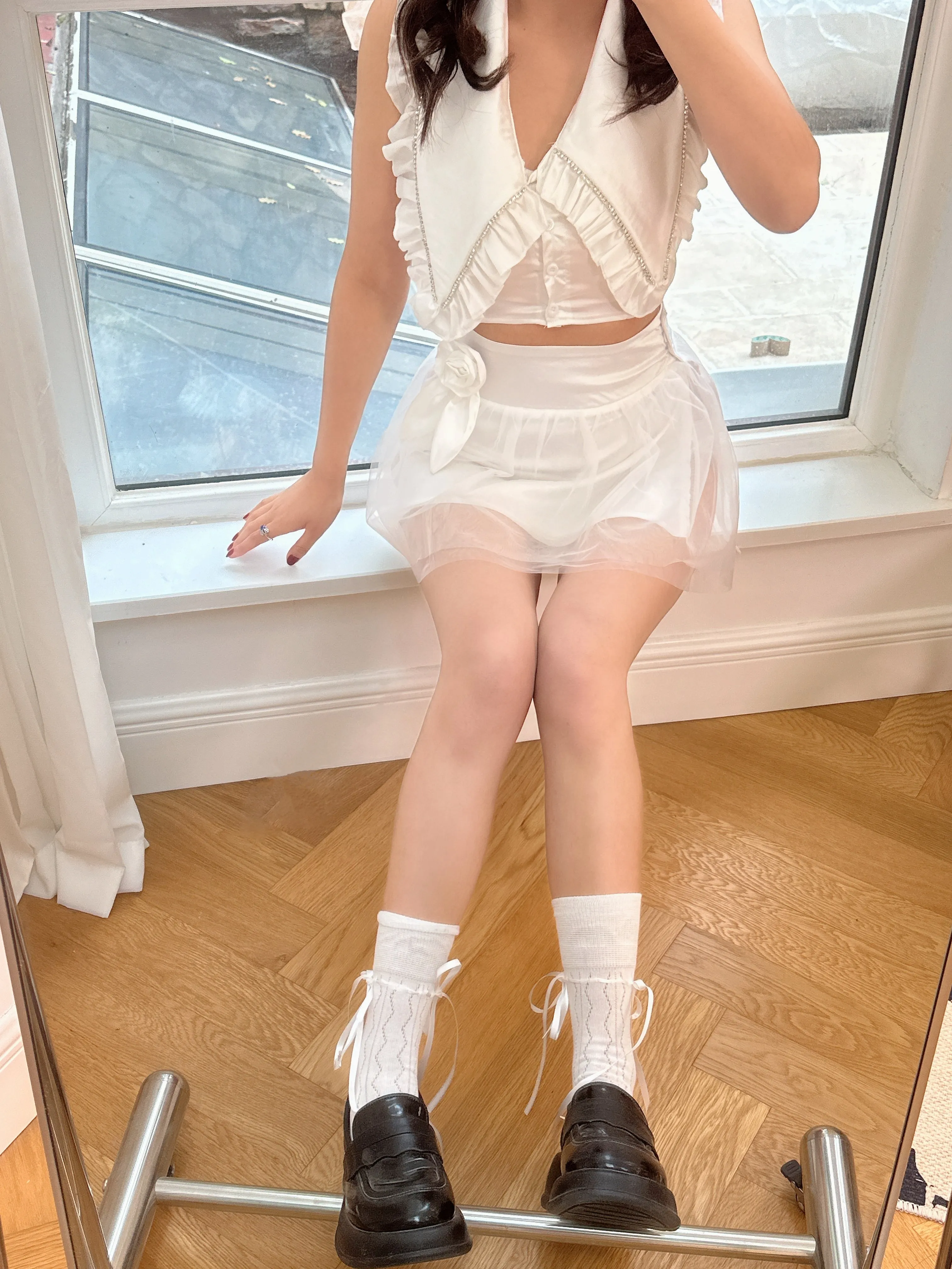 Fluffy White Mesh Preppy Skirt