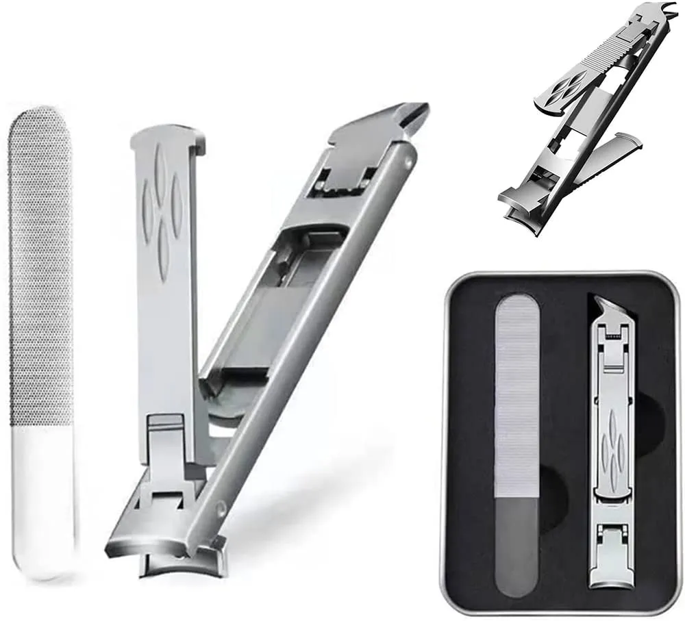 Foldable Double-Ended Nail Clipper Tool,Wide Jaw Opening Cutter With Safety Lock Double Head Curved and Slanted Trimmer,Fingernail Clippers & Nail File with Storage Box for Thick Nails (Sliver)