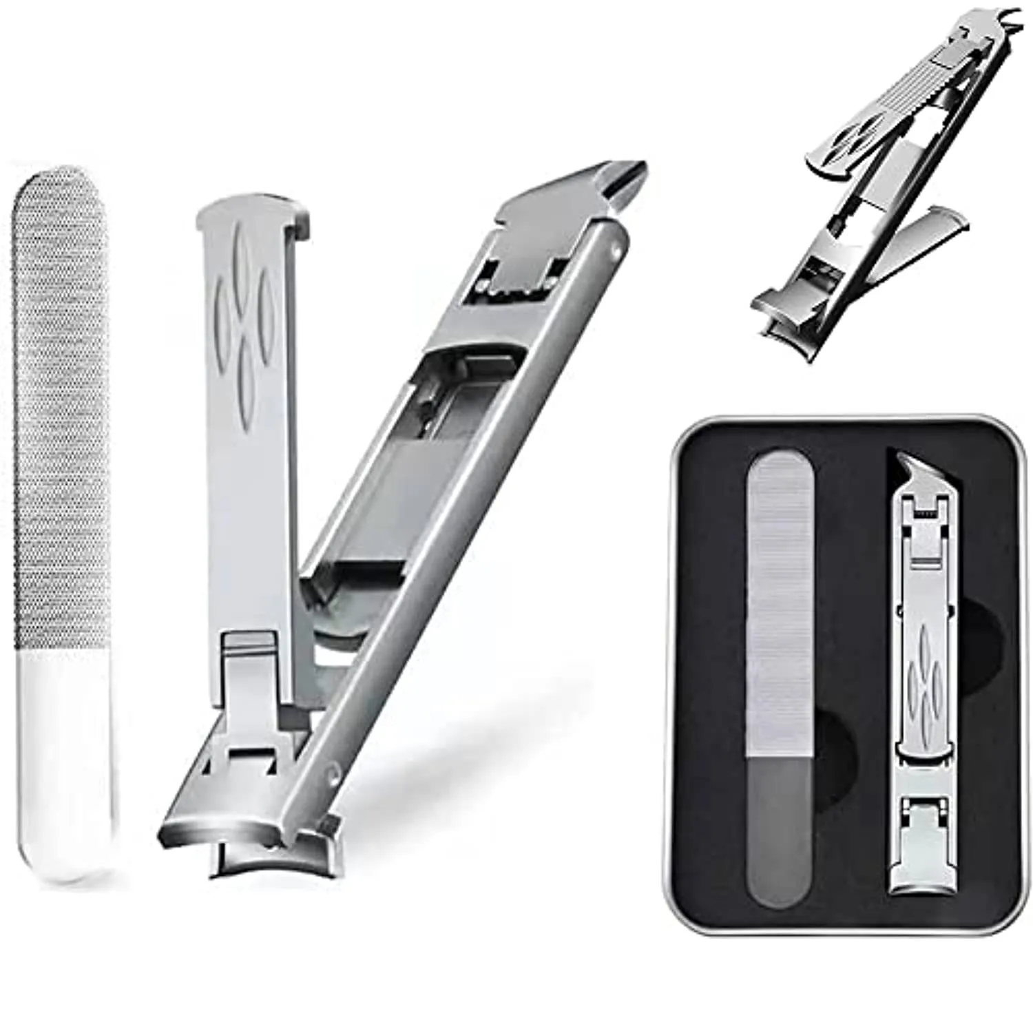 Foldable Double-Ended Nail Clipper Tool,Wide Jaw Opening Cutter With Safety Lock Double Head Curved and Slanted Trimmer,Fingernail Clippers & Nail File with Storage Box for Thick Nails (Sliver)