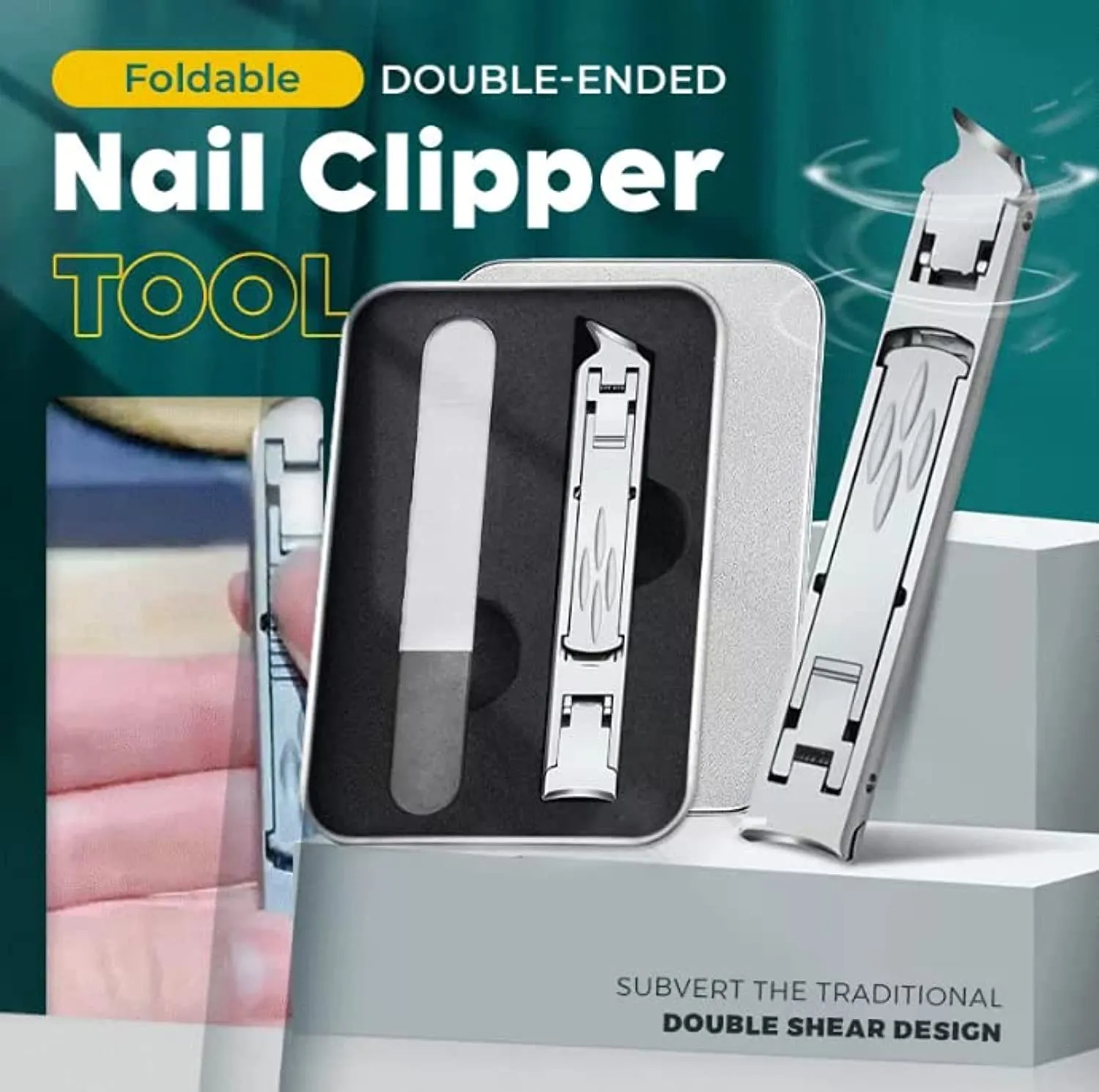 Foldable Double-Ended Nail Clipper Tool,Wide Jaw Opening Cutter With Safety Lock Double Head Curved and Slanted Trimmer,Fingernail Clippers & Nail File with Storage Box for Thick Nails (Sliver)