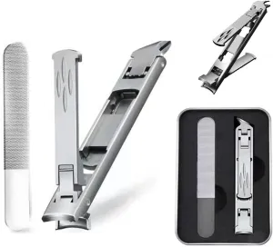 Foldable Double-Ended Nail Clipper Tool,Wide Jaw Opening Cutter With Safety Lock Double Head Curved and Slanted Trimmer,Fingernail Clippers & Nail File with Storage Box for Thick Nails (Sliver)