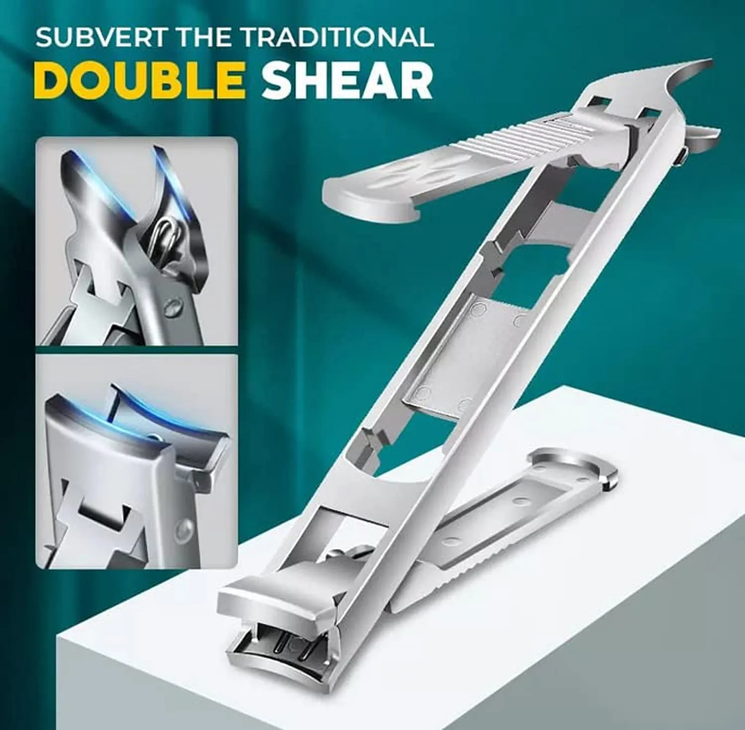 Foldable Double-Ended Nail Clipper Tool,Wide Jaw Opening Cutter With Safety Lock Double Head Curved and Slanted Trimmer,Fingernail Clippers & Nail File with Storage Box for Thick Nails (Sliver)