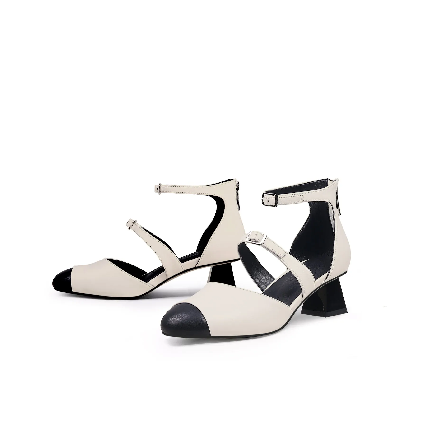 Genuine Leather Block Color Equilateral Trapezoid Heeled Sandals Mary Jane Shoes - Beige
