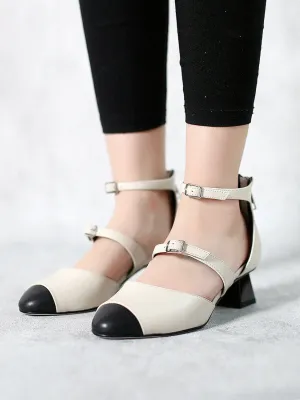 Genuine Leather Block Color Equilateral Trapezoid Heeled Sandals Mary Jane Shoes - Beige