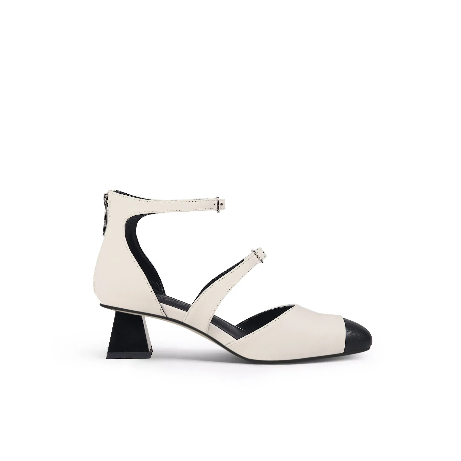 Genuine Leather Block Color Equilateral Trapezoid Heeled Sandals Mary Jane Shoes - Beige