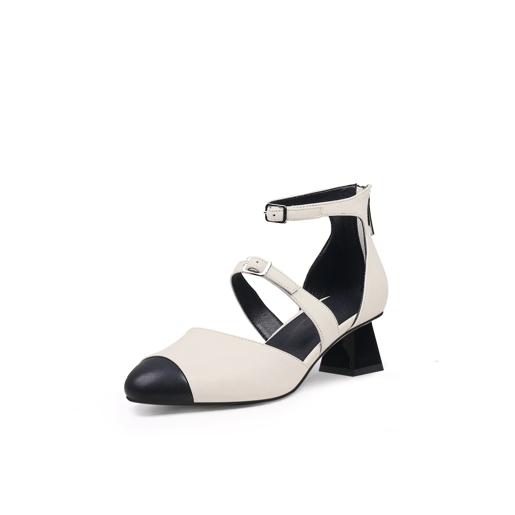 Genuine Leather Block Color Equilateral Trapezoid Heeled Sandals Mary Jane Shoes - Beige