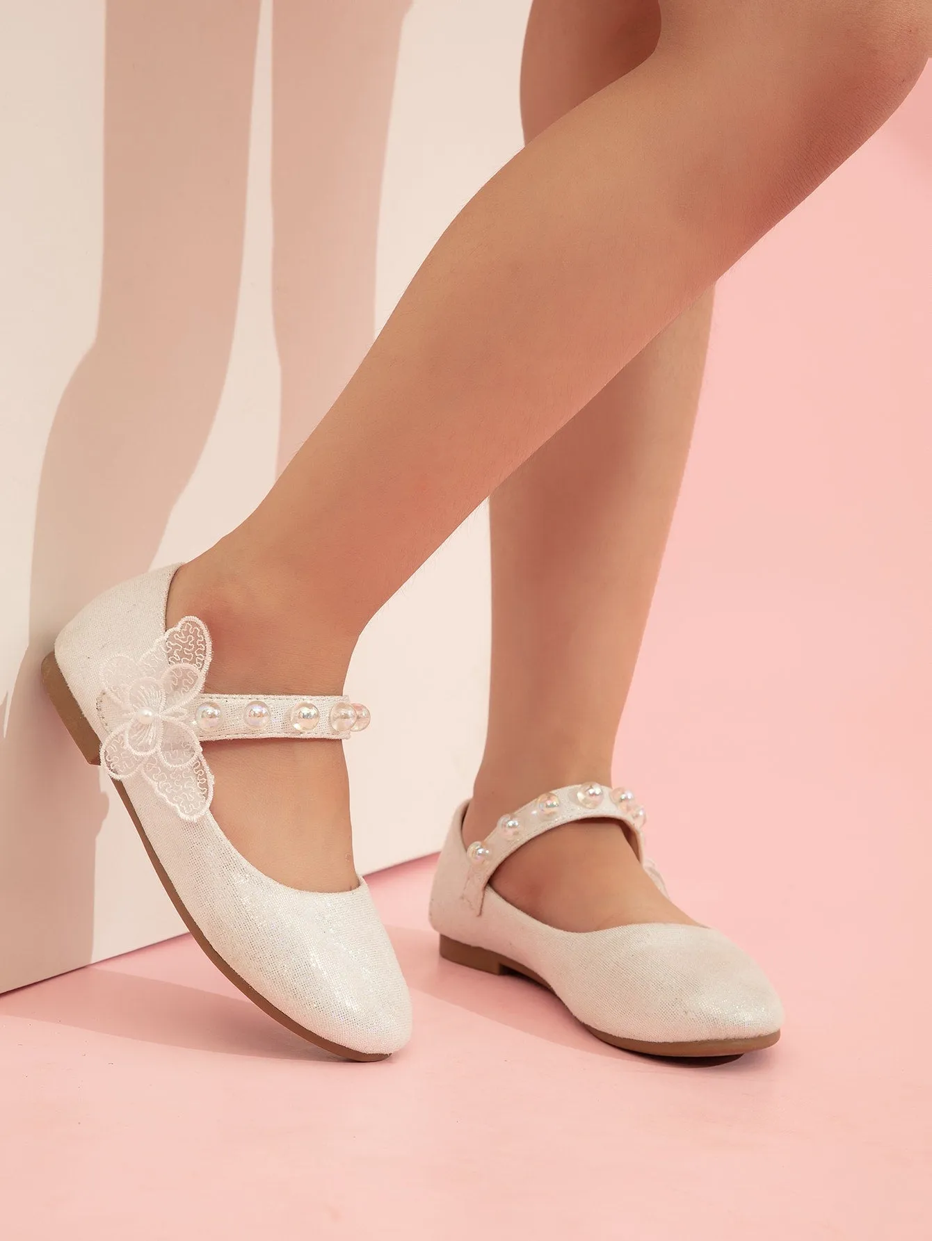 Girls Faux Pearl Decor Mary Jane Flats- FD