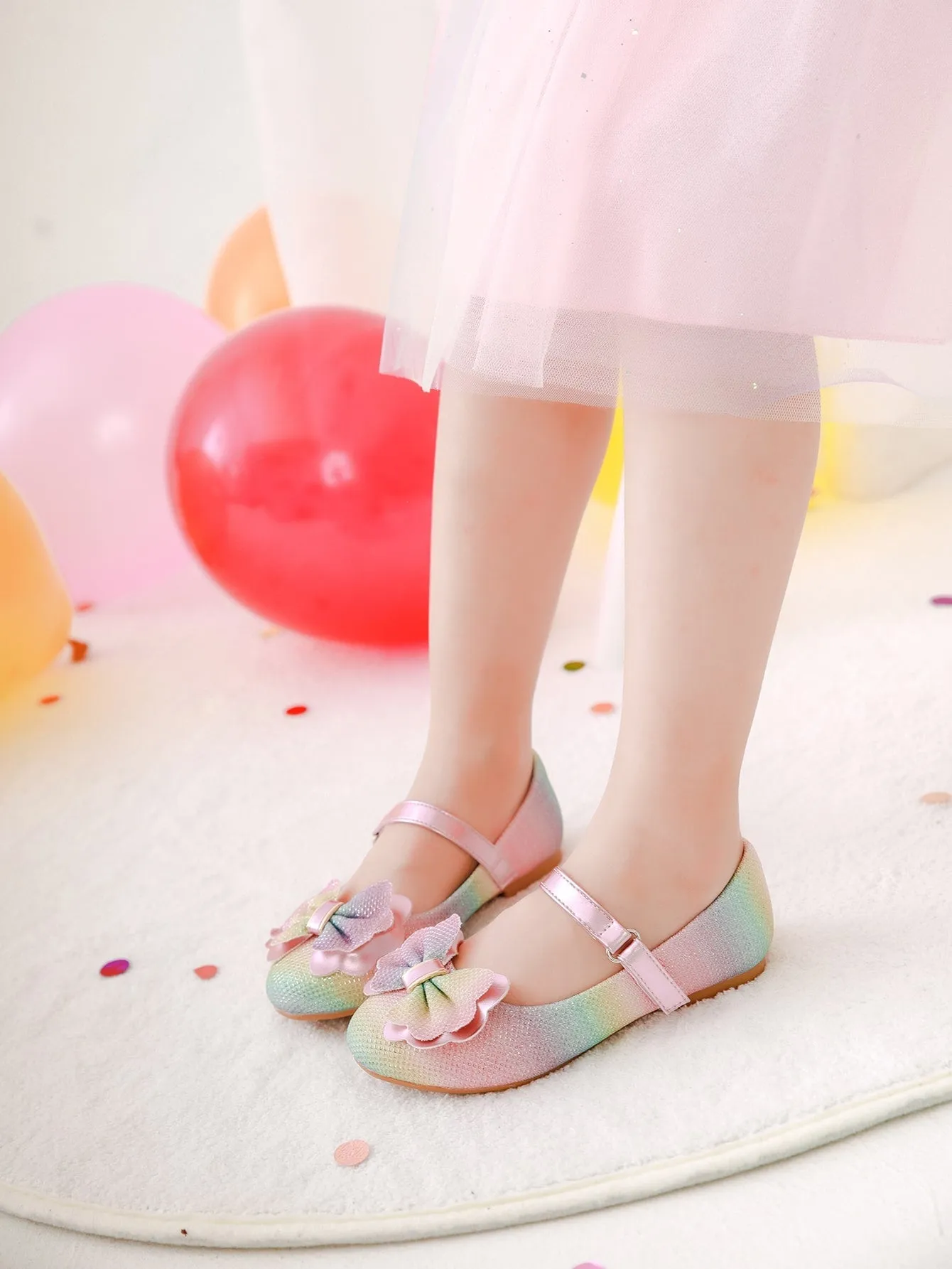Girls Glitter Ombre Bow Decor Mary Jane Flats- FD