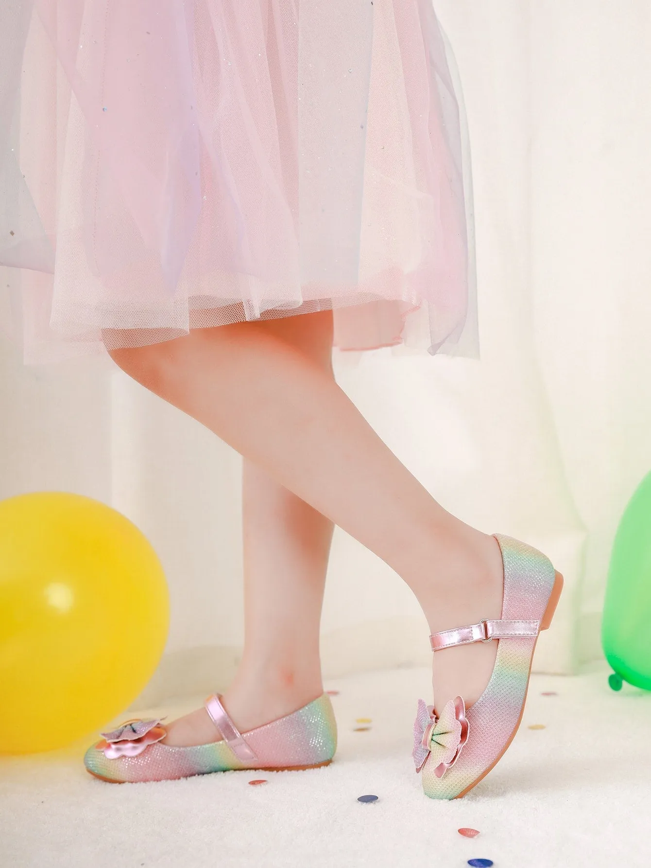 Girls Glitter Ombre Bow Decor Mary Jane Flats- FD