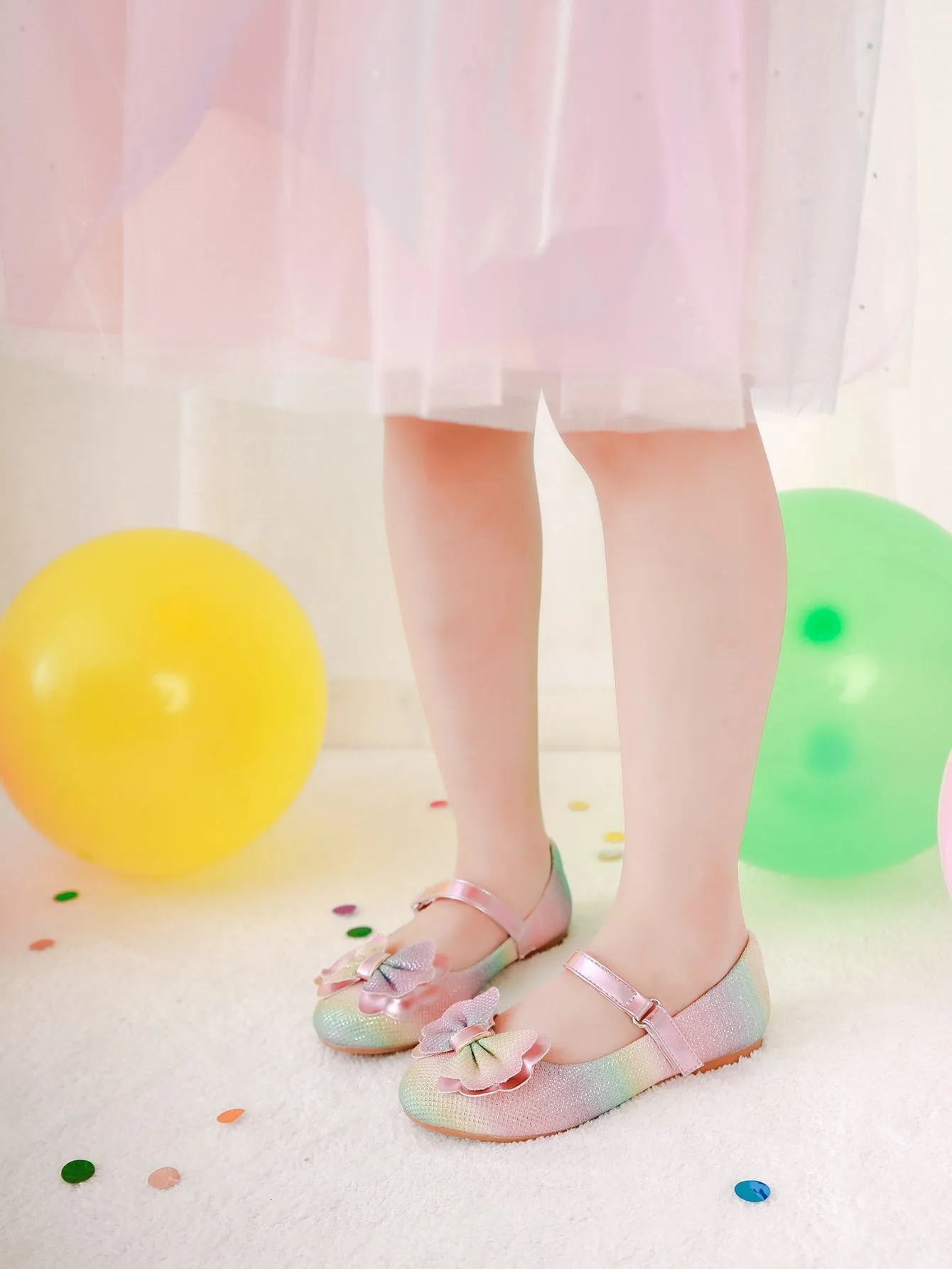 Girls Glitter Ombre Bow Decor Mary Jane Flats- FD