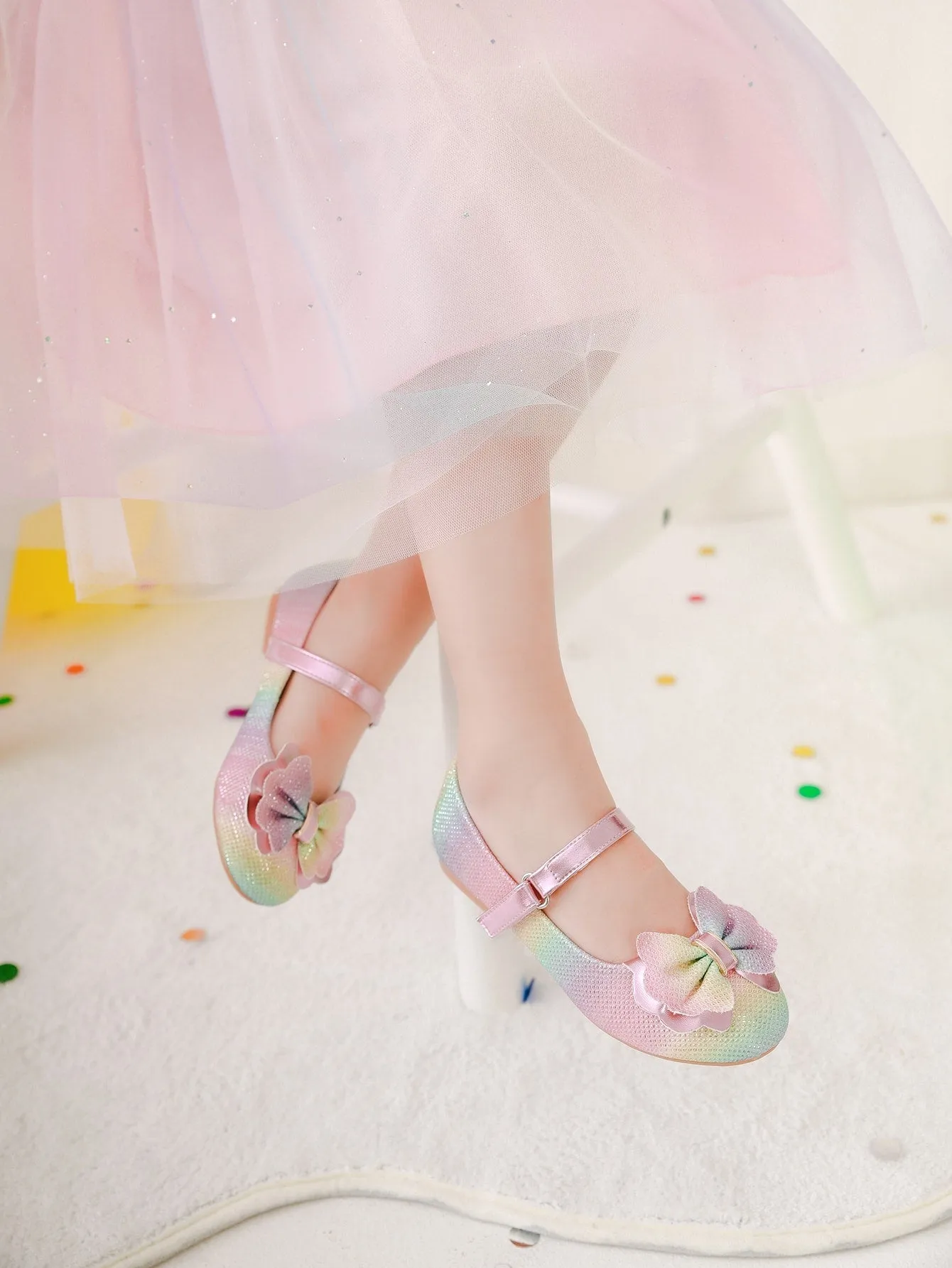 Girls Glitter Ombre Bow Decor Mary Jane Flats- FD