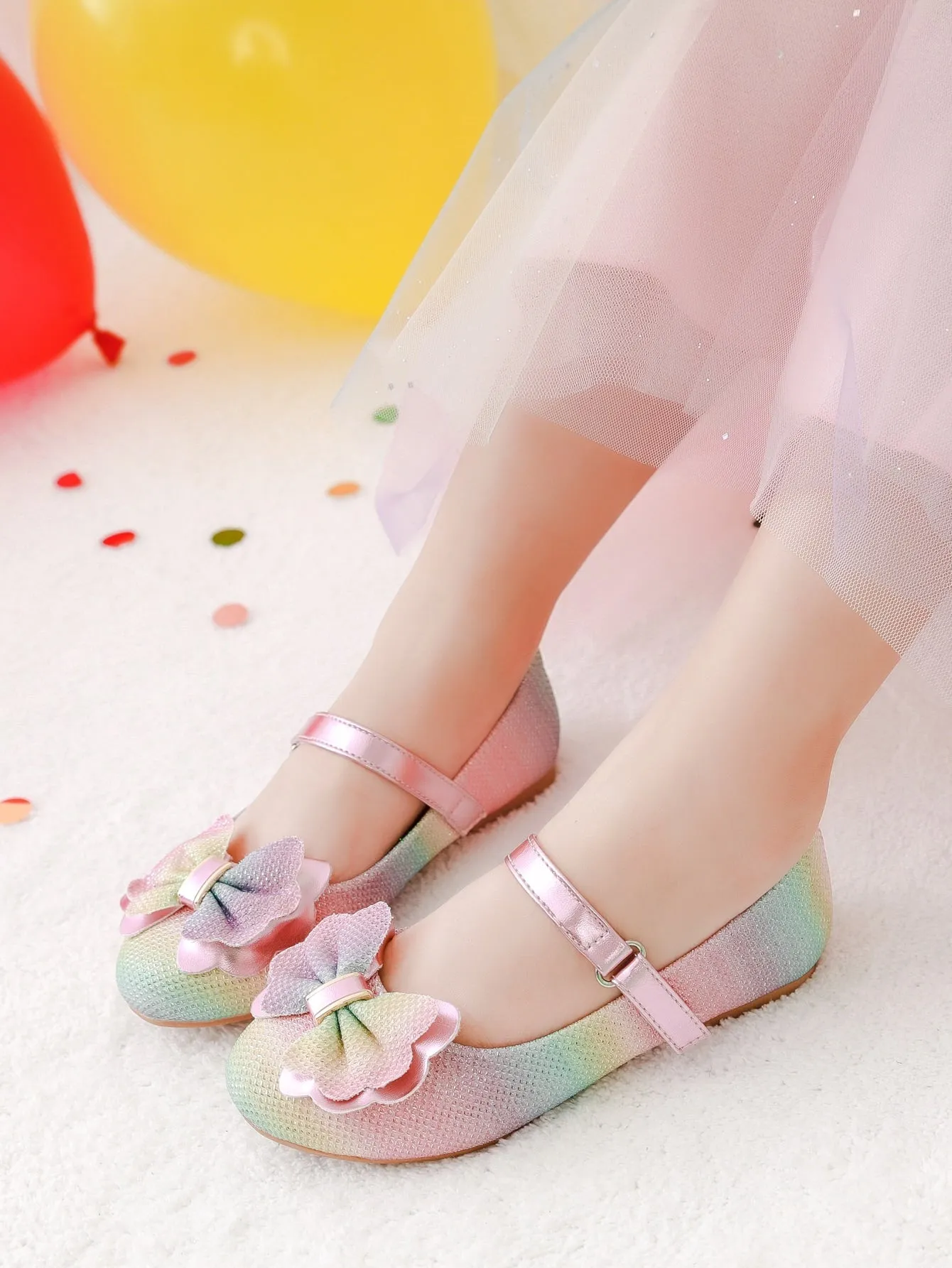 Girls Glitter Ombre Bow Decor Mary Jane Flats- FD