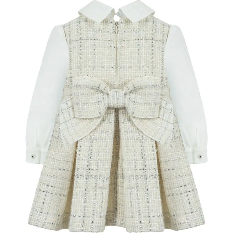 Girls Ivory & Silver Cotton Tweed Dress