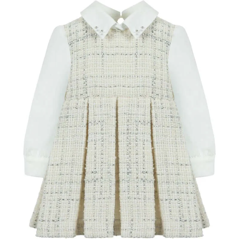 Girls Ivory & Silver Cotton Tweed Dress