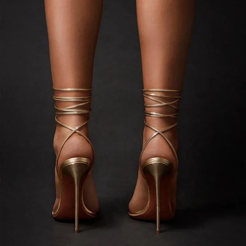 Gold Pointed Ankle Strap Stiletto Sandals