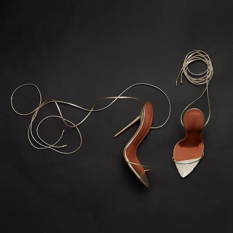 Gold Pointed Ankle Strap Stiletto Sandals