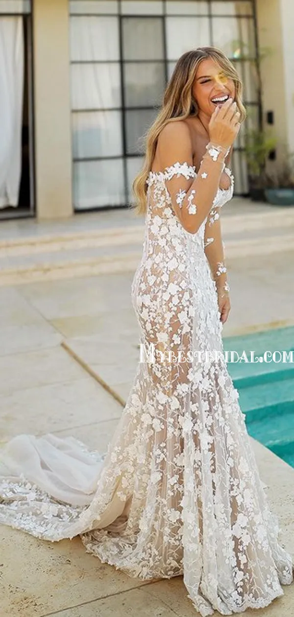 Gorgerous Off-shoulder Mermaid Appliques Lace Simple Wedding Dresses. WDS0094