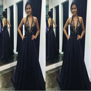 Halter Deep V-Neck Open Back Embroidery Satin A-Line Prom Dress, Floor Length Prom Dress, Prom Dress,  PDY0220
