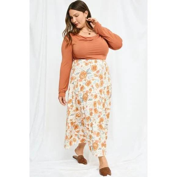 Hayden Plus Ivory Floral Elastic Waist Pull On Silhouette Woven Midi Skirt