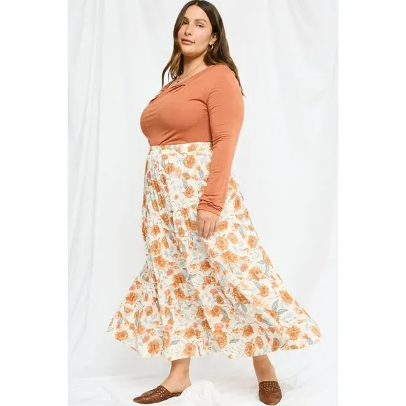 Hayden Plus Ivory Floral Elastic Waist Pull On Silhouette Woven Midi Skirt