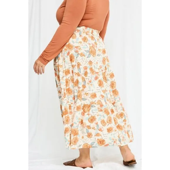 Hayden Plus Ivory Floral Elastic Waist Pull On Silhouette Woven Midi Skirt