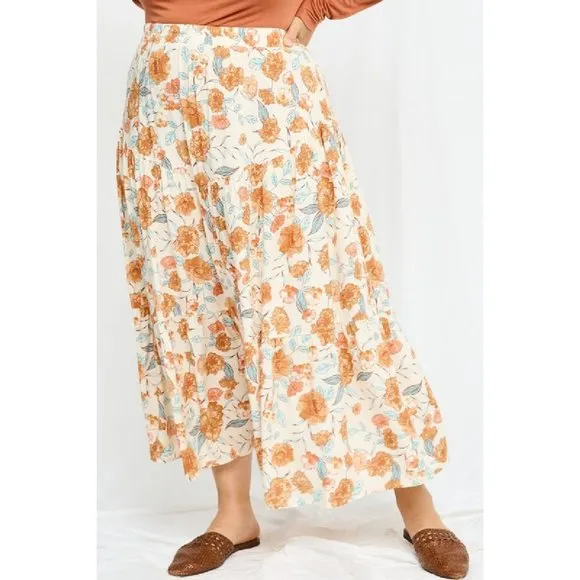 Hayden Plus Ivory Floral Elastic Waist Pull On Silhouette Woven Midi Skirt