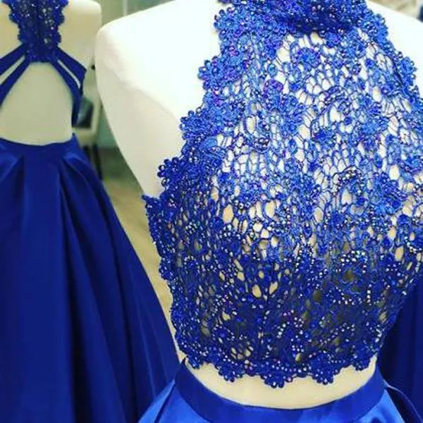 High Fashion Two-Piece A-Line Blue Satin Long Prom Dress with Lace. PDY0186