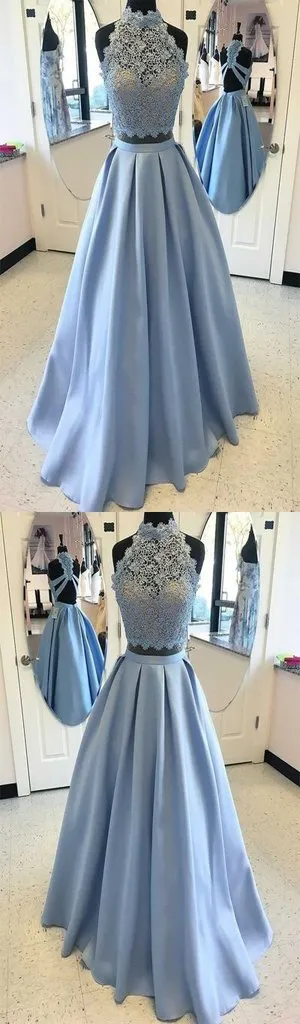 High Fashion Two-Piece A-Line Blue Satin Long Prom Dress with Lace. PDY0186