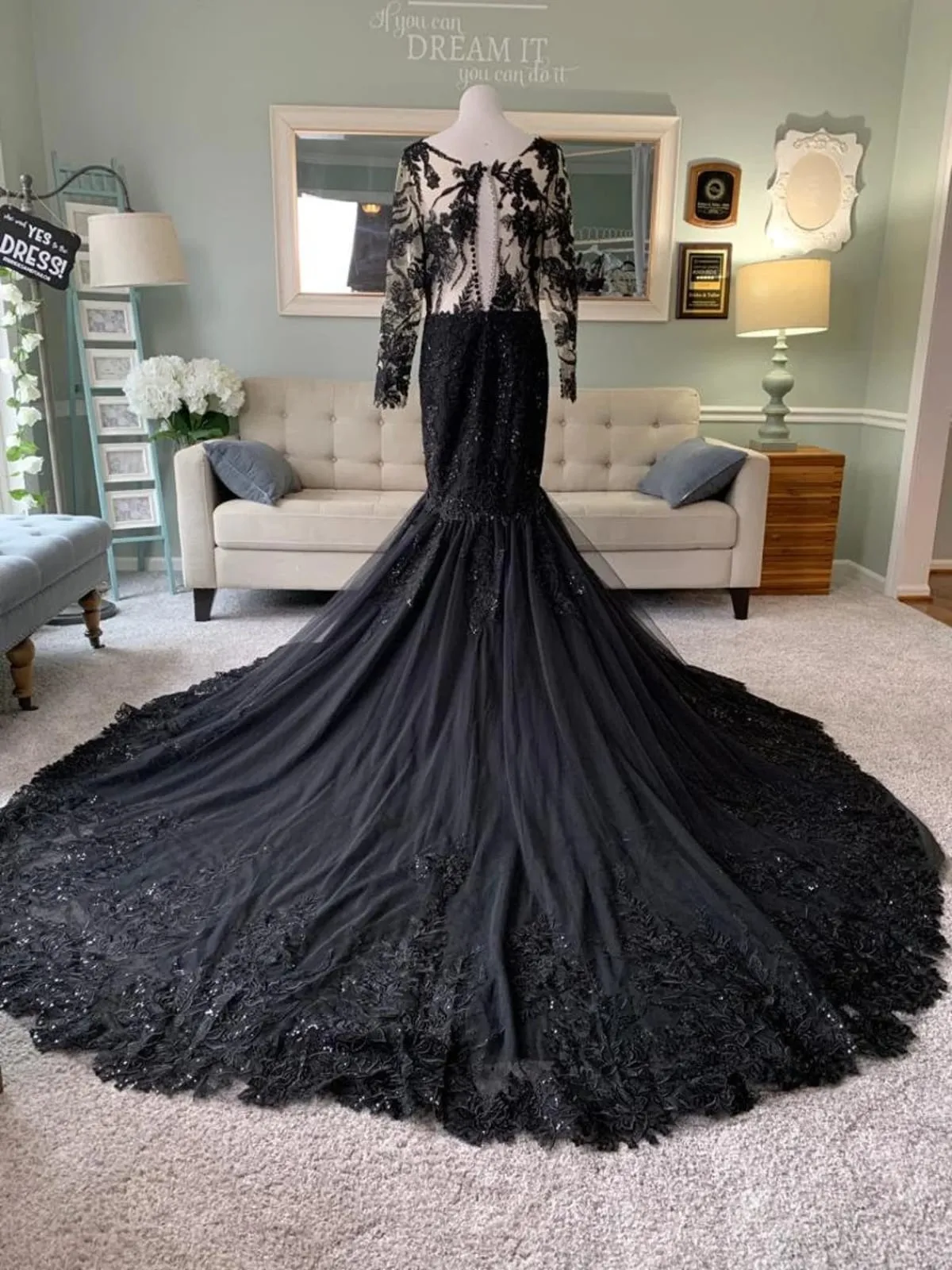 Illusion Long Sleeve Lace Tulle Trumpet Black Wedding Dress, Sequins