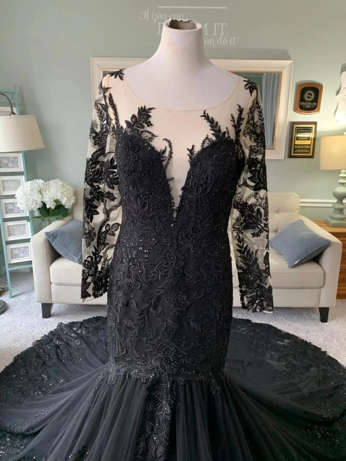 Illusion Long Sleeve Lace Tulle Trumpet Black Wedding Dress, Sequins