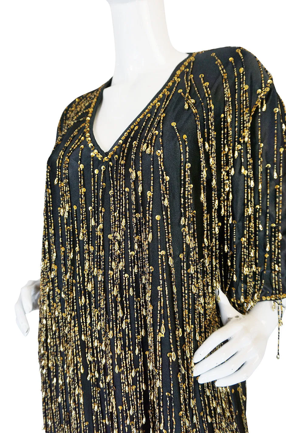 Incredible 1970s Completely Gold Beaded Fringe Black Caftan