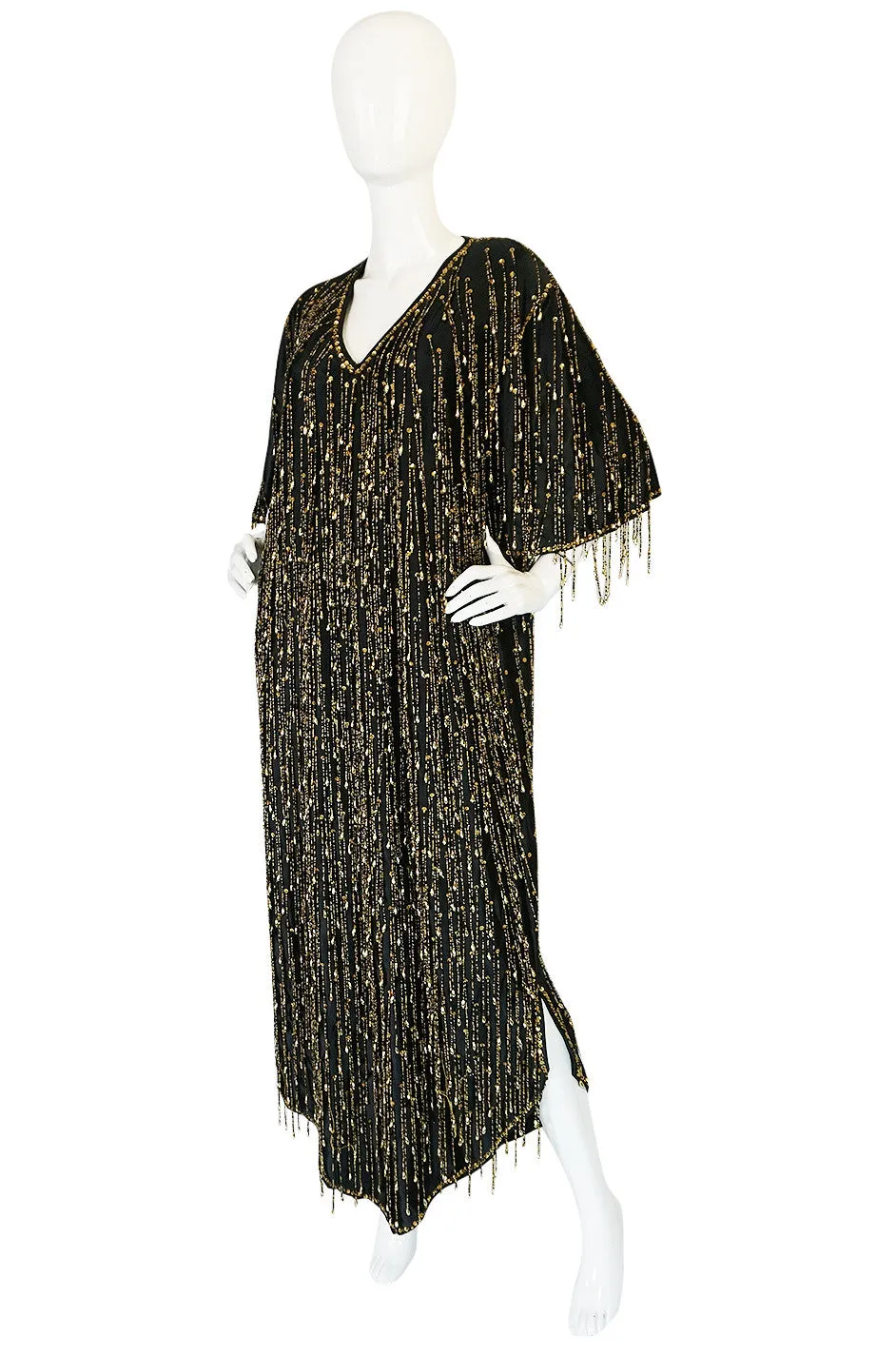 Incredible 1970s Completely Gold Beaded Fringe Black Caftan