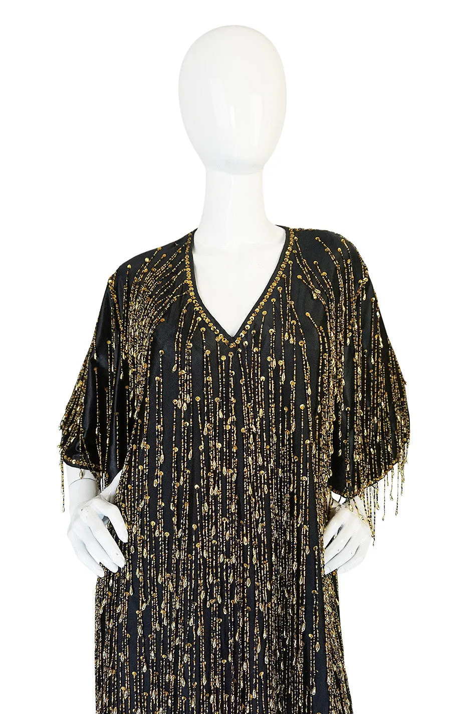 Incredible 1970s Completely Gold Beaded Fringe Black Caftan
