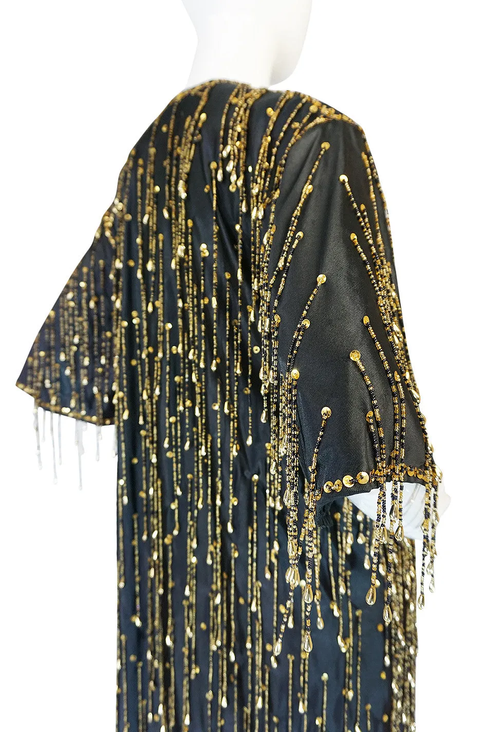 Incredible 1970s Completely Gold Beaded Fringe Black Caftan