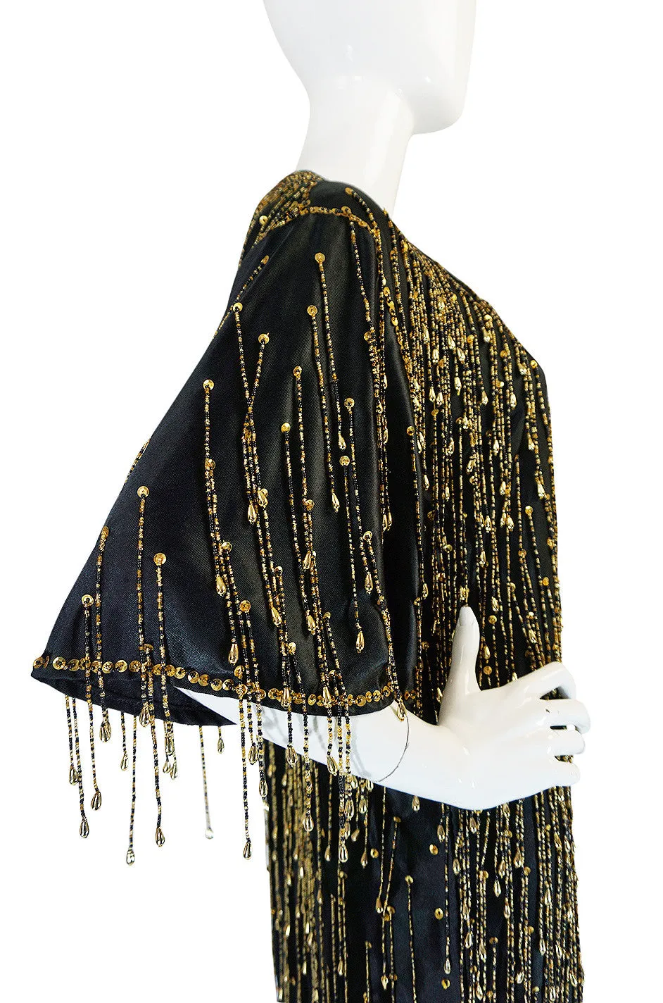 Incredible 1970s Completely Gold Beaded Fringe Black Caftan