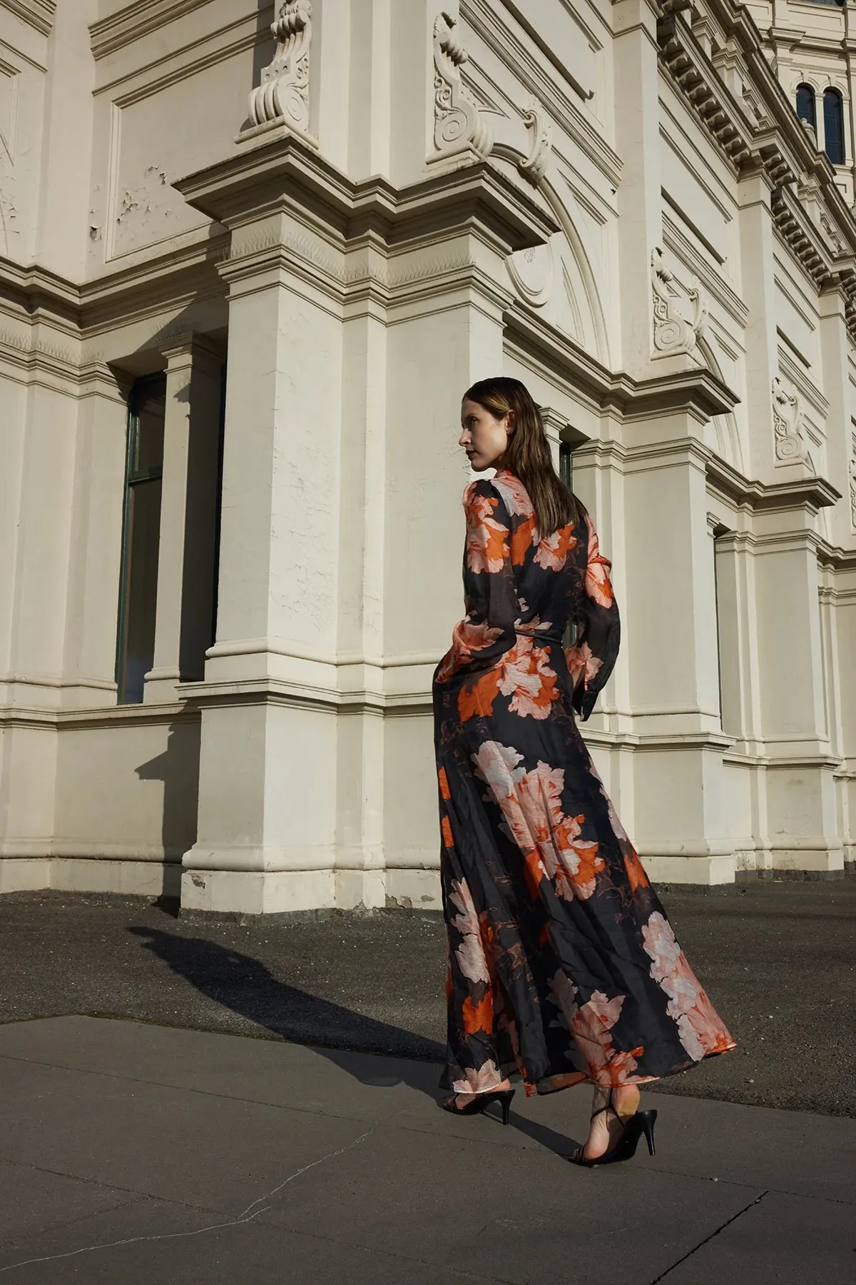 Isabella Black Floral Print Silk Linen LS Maxi Dress