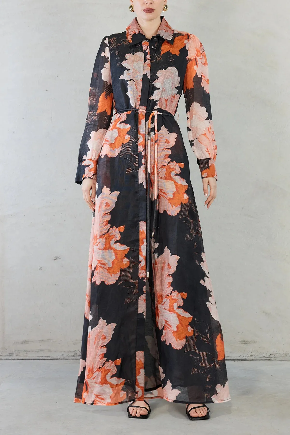 Isabella Black Floral Print Silk Linen LS Maxi Dress